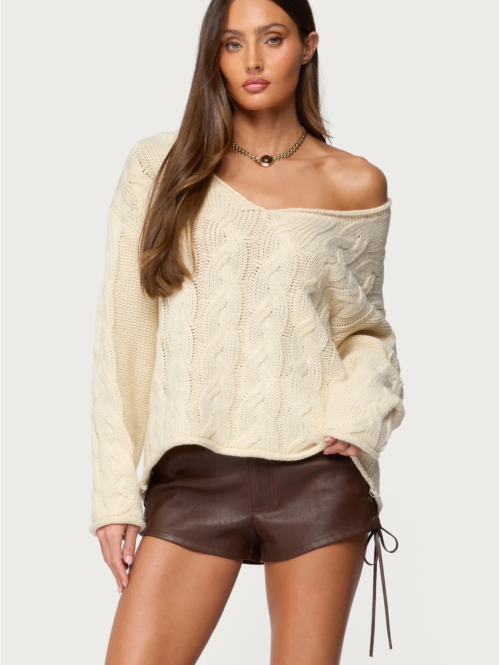 Edikted Inga Cream Off-Shoulder Cable Knit Sweater